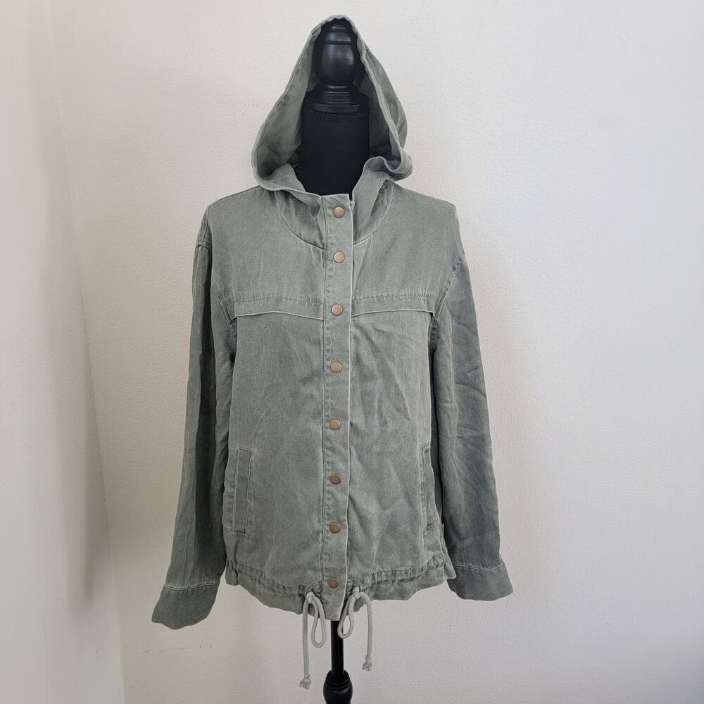 Jane & Delancey Green Jacket‎ Hood Sz Medium Snap Button Front Utility Waist